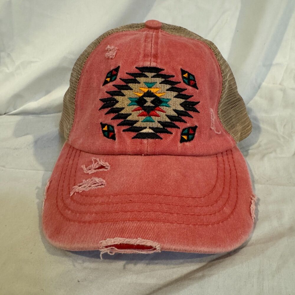 C.C. Criss Cross Pony Cap Trucker Hat Women Messy Bun High Ponytail Aztec Coral